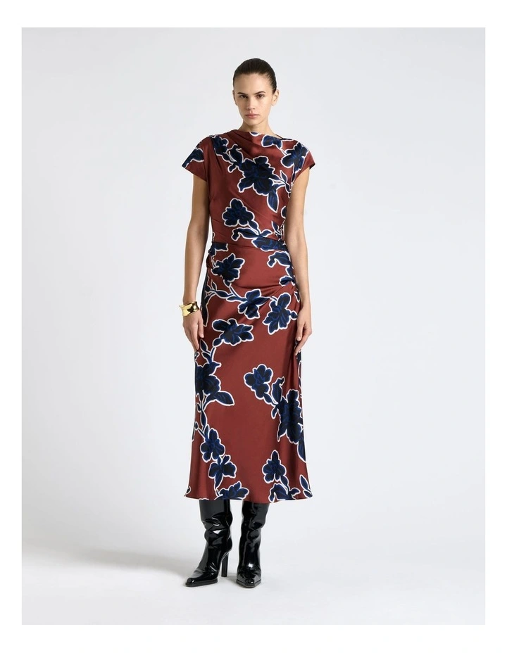 Illustrated Floral Satin Midi Dress in Rosewood image 1