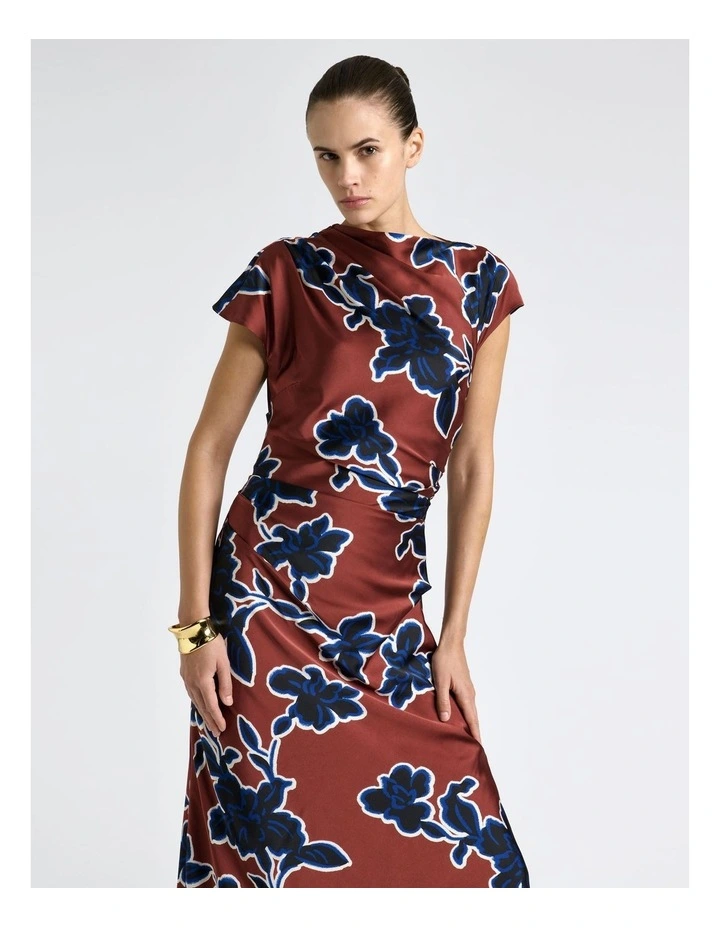 Illustrated Floral Satin Midi Dress in Rosewood image 3