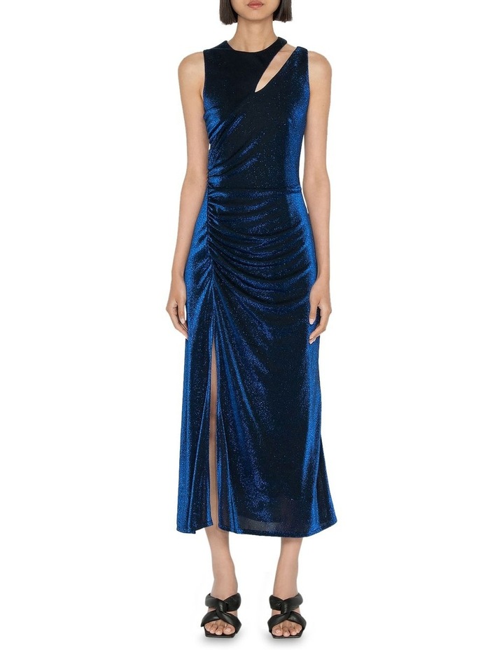 Lurex Knit Ruched Dress in Blue Black