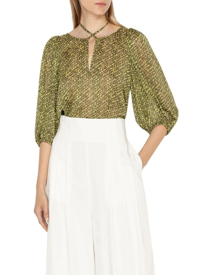 Keyhole Blouson Sleeve Top in Lime Yellow image 3