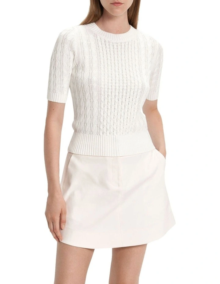 Short Sleeve Cable Knit Sweater in White image 3
