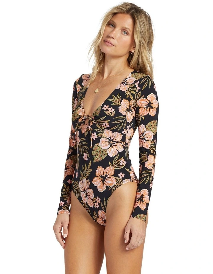 Hooked On Tropics Bodysuit Rash Vest in Black Pebble image 3