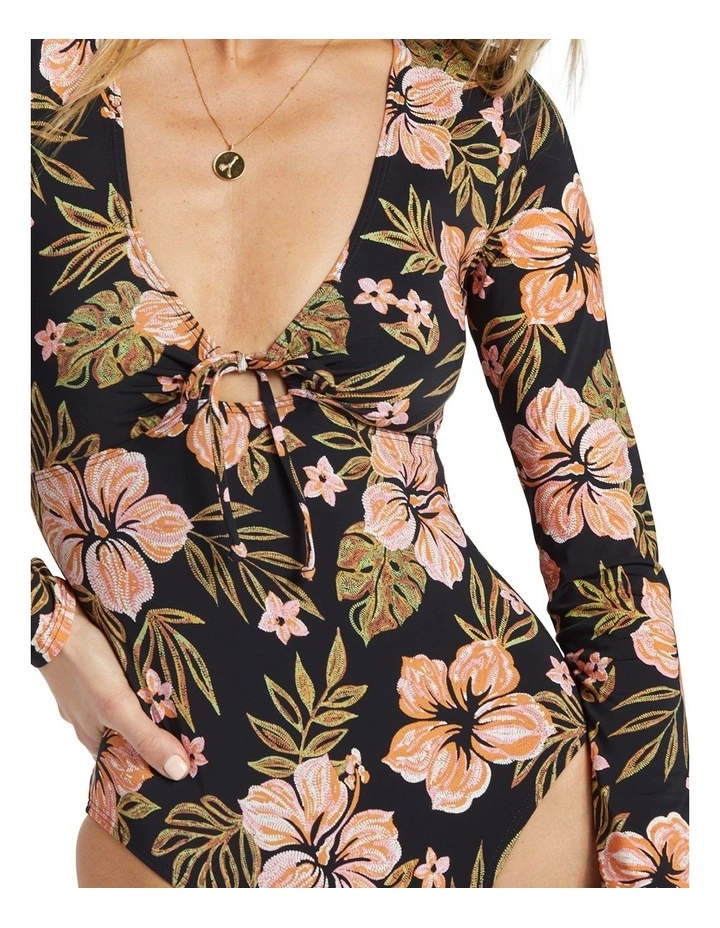 Hooked On Tropics Bodysuit Rash Vest in Black Pebble image 4