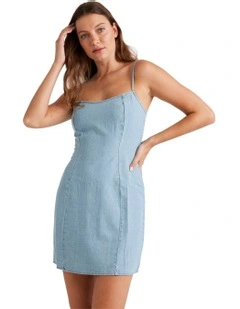 Stay Awhile Chambray Mini Dress in Green