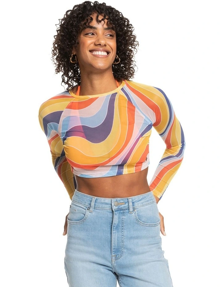 Just A Friend Long Sleeve Mesh Crop Top in Tiger Lily Cruz image 1