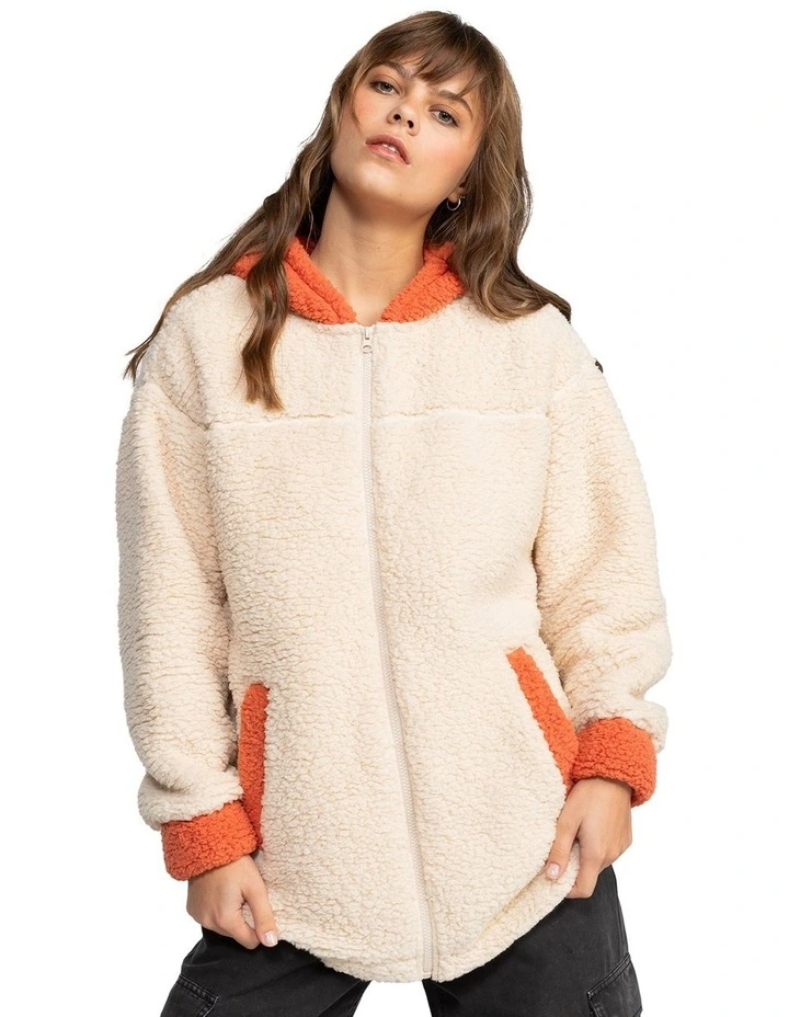 Weekend Plans Blocked Sherpa Zip Up Jacket in Apricot Brandy image 1