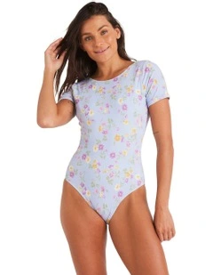Wildflower Short Sleeve One Piece Swimsuit in Misty Blue