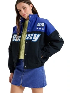 Chloe Kim Moto Bomber Jacket in True Black/Blue