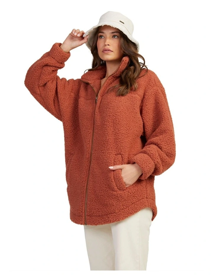 Friday In Love Teddy Zip-Up Sherpa Jacket in Brown image 3