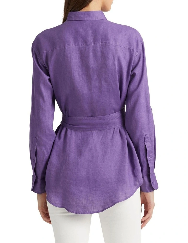 Belted Linen Shirt in Purple image 2