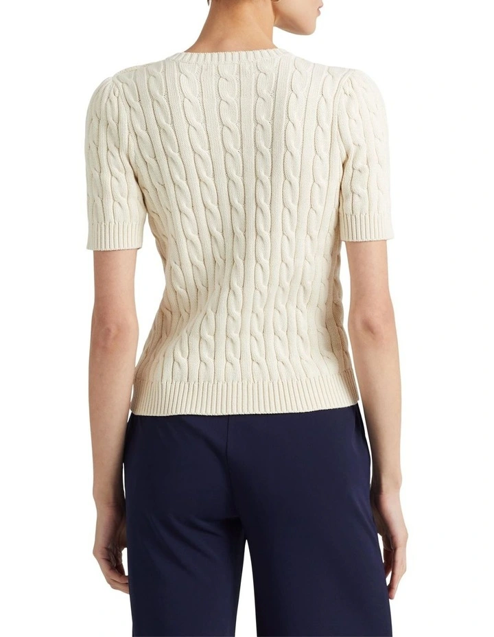 Cable-Knit Cotton Short-Sleeve Sweater in Beige image 2