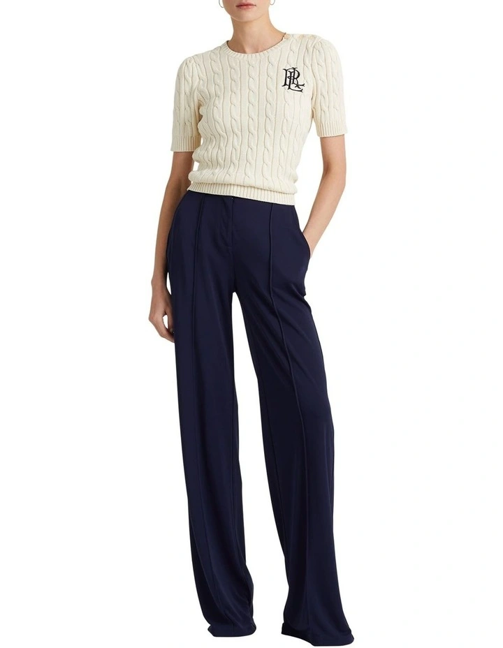 Cable-Knit Cotton Short-Sleeve Sweater in Beige image 3