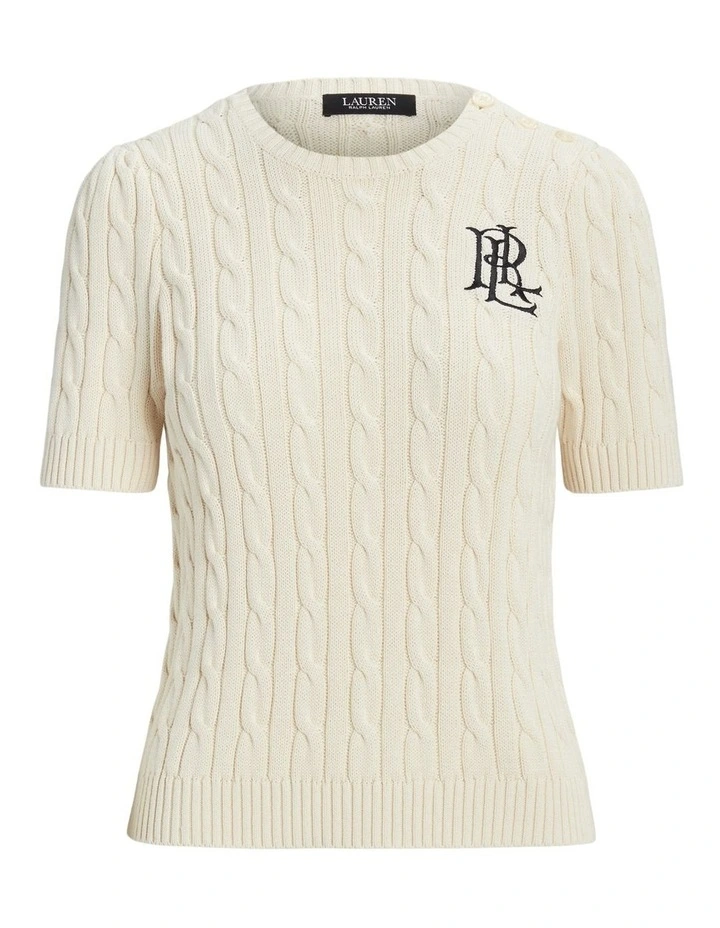 Cable-Knit Cotton Short-Sleeve Sweater in Beige image 4