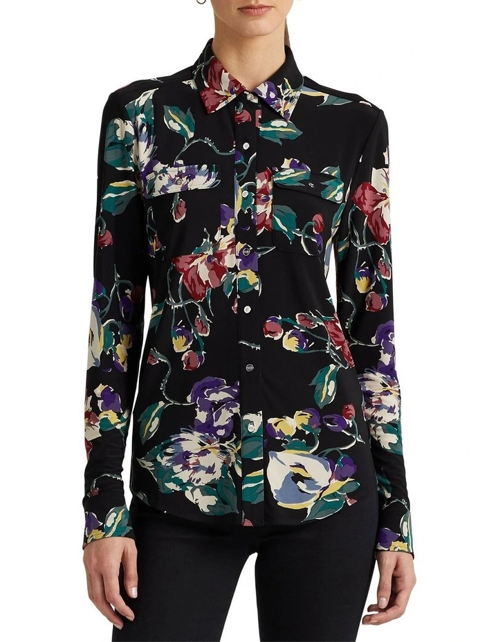 Floral Stretch Jersey Shirt in Black Multi image 1