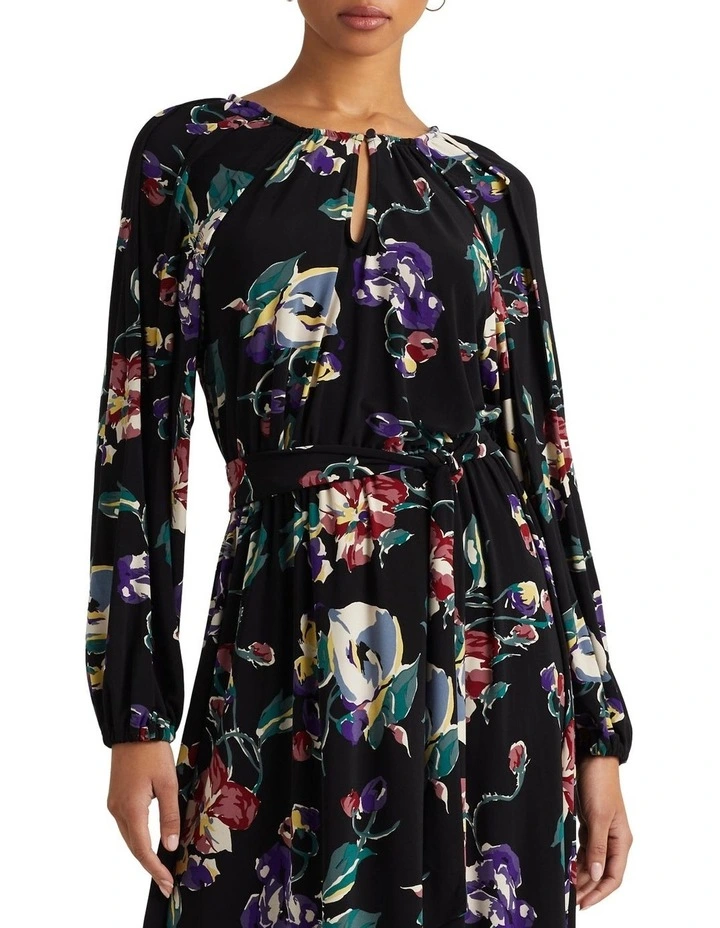 Floral Belted Stretch Jersey Dress in Black Multi image 1