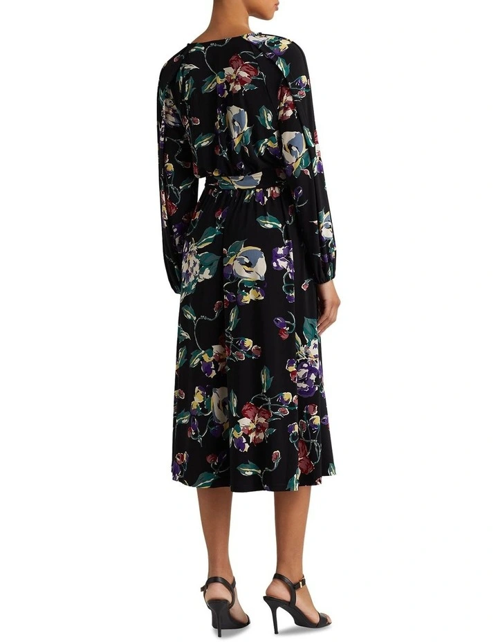 Floral Belted Stretch Jersey Dress in Black Multi image 2