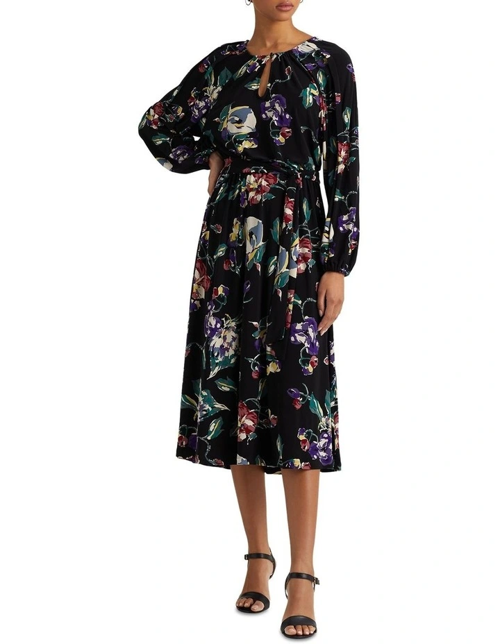 Floral Belted Stretch Jersey Dress in Black Multi image 3