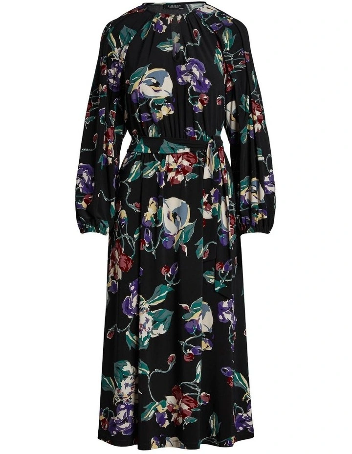Floral Belted Stretch Jersey Dress in Black Multi image 4