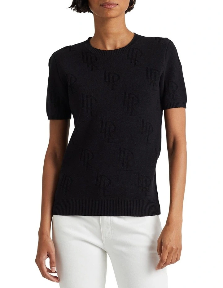 Monogram Jacquard Short-Sleeve Sweater in Black image 1