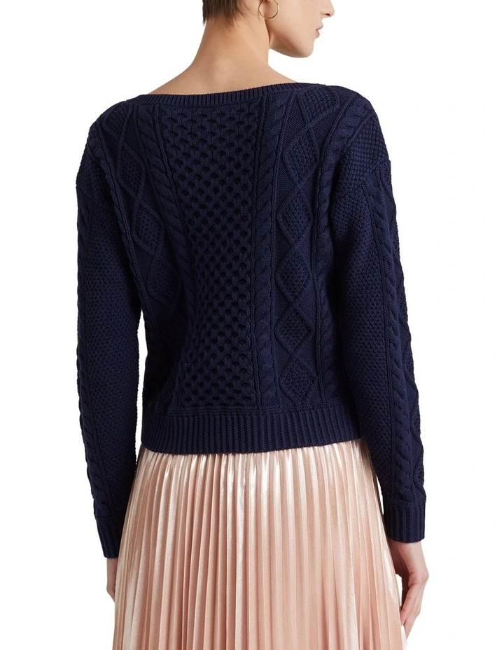 Aran-Knit Cotton Boatneck Sweater in Navy image 2
