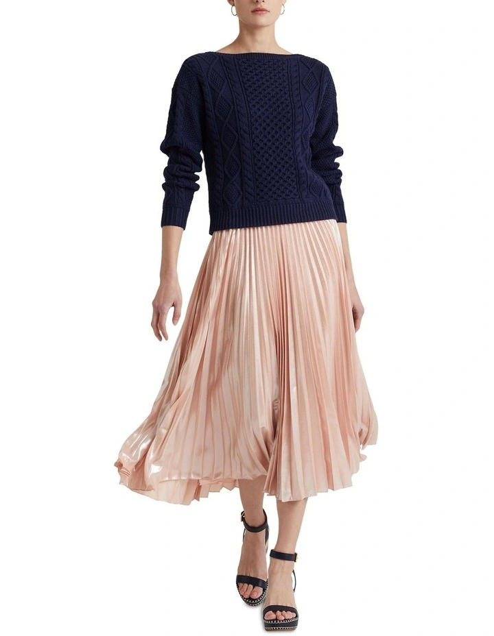 Aran-Knit Cotton Boatneck Sweater in Navy image 3