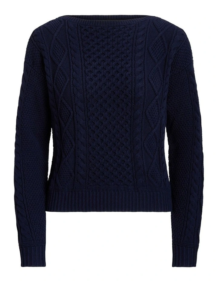 Aran-Knit Cotton Boatneck Sweater in Navy image 4