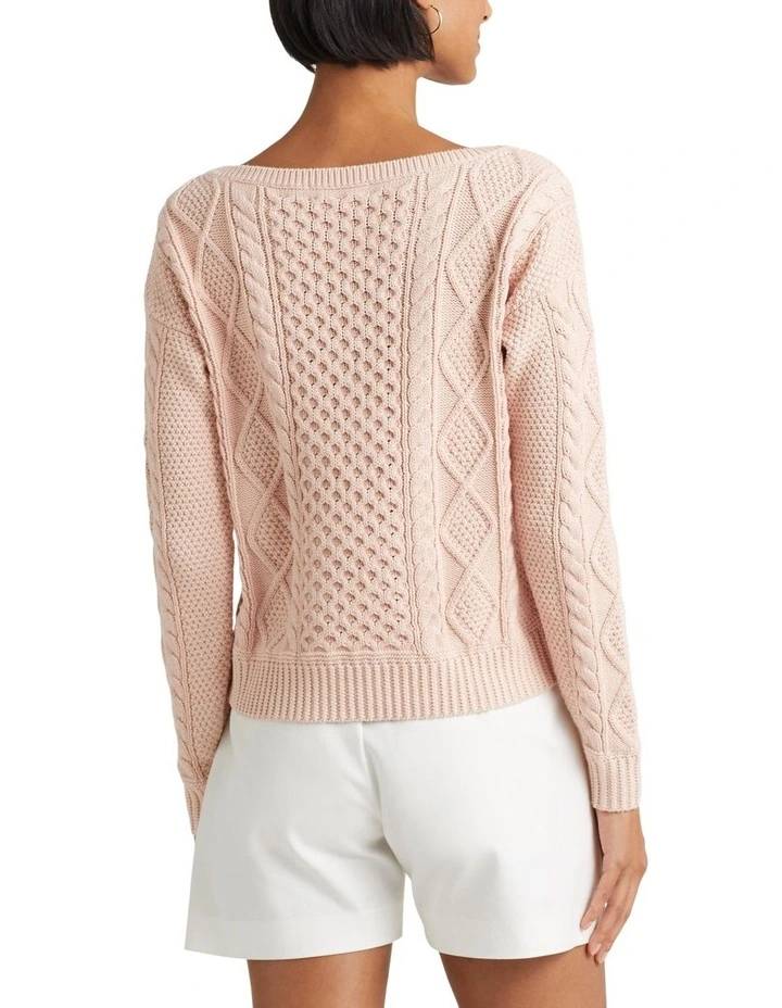 Aran-Knit Cotton Boatneck Sweater in Orange image 2