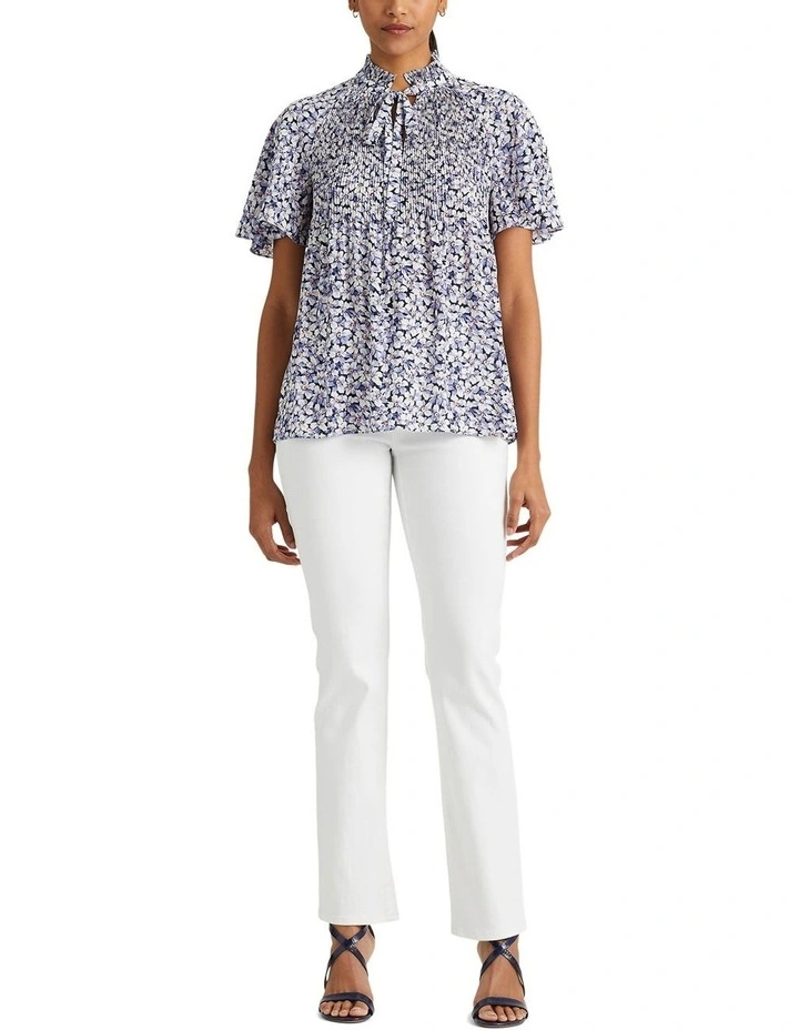 Floral Pleated Georgette Blouse in Blue image 3