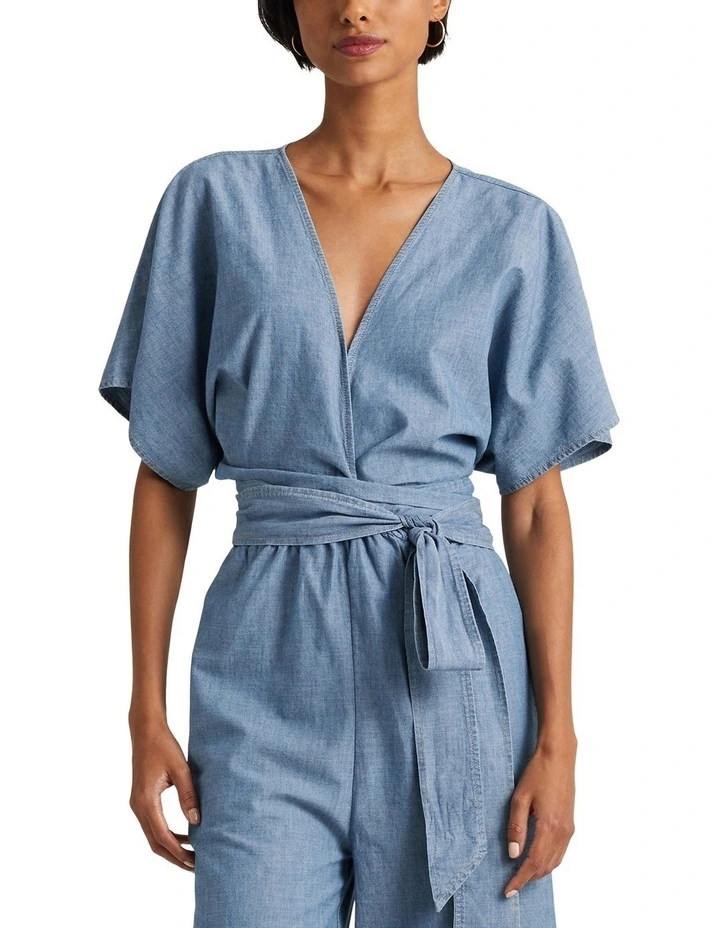 Belted Chambray Wrap Jumpsuit in Blue image 1