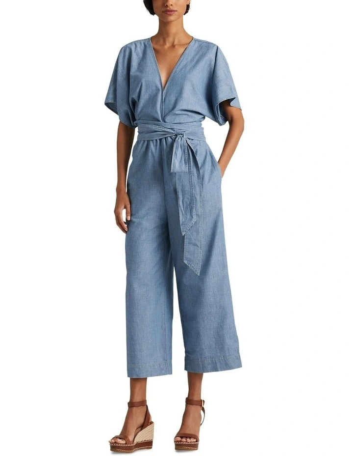 Belted Chambray Wrap Jumpsuit in Blue image 3