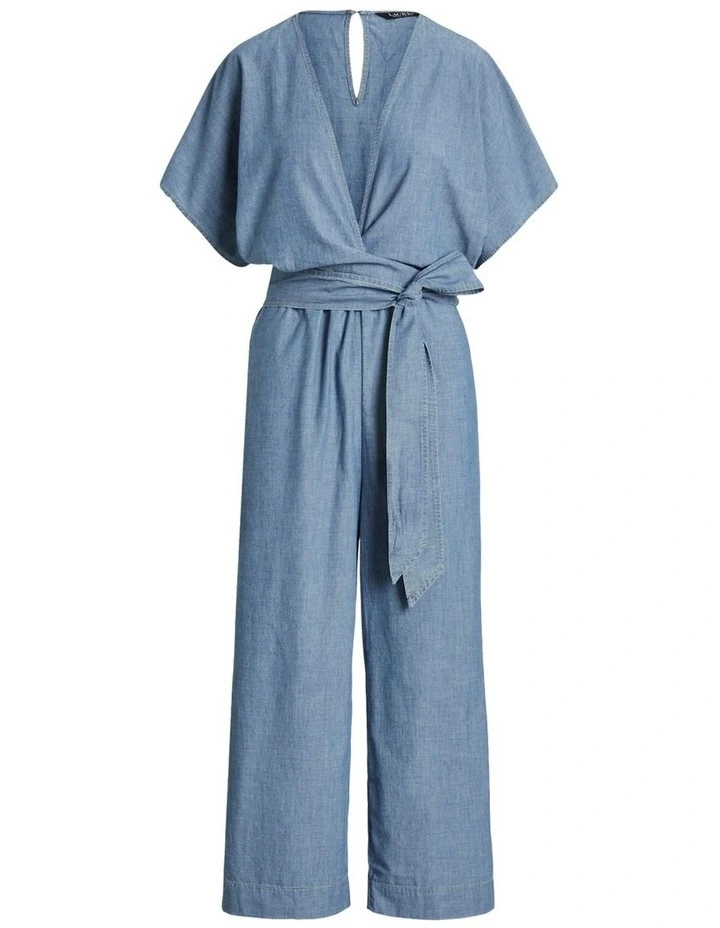 Belted Chambray Wrap Jumpsuit in Blue image 4