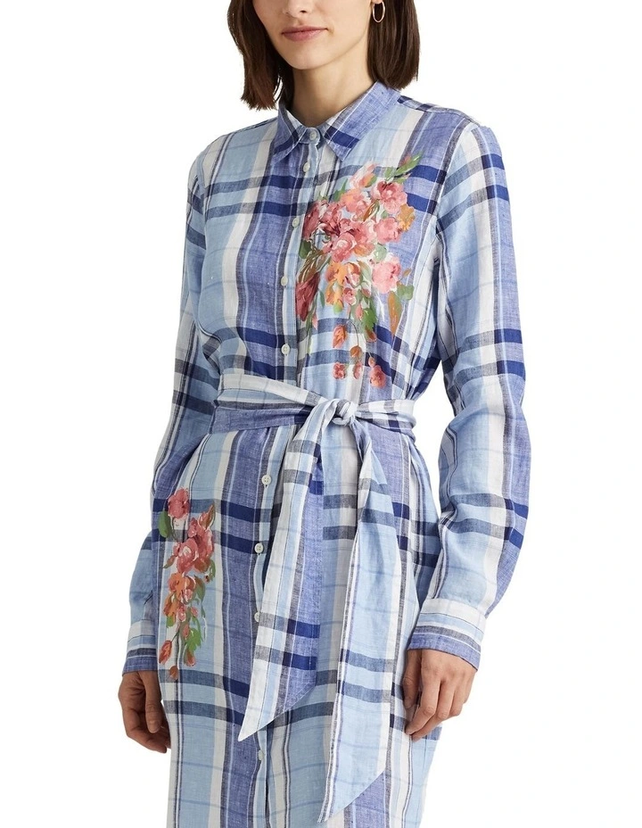 Floral & Plaid Linen Shirtdress in Blue image 1