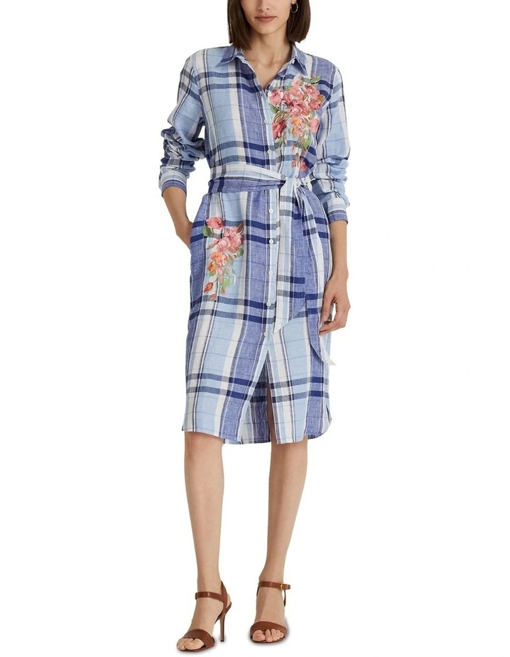 Floral & Plaid Linen Shirtdress in Blue image 3