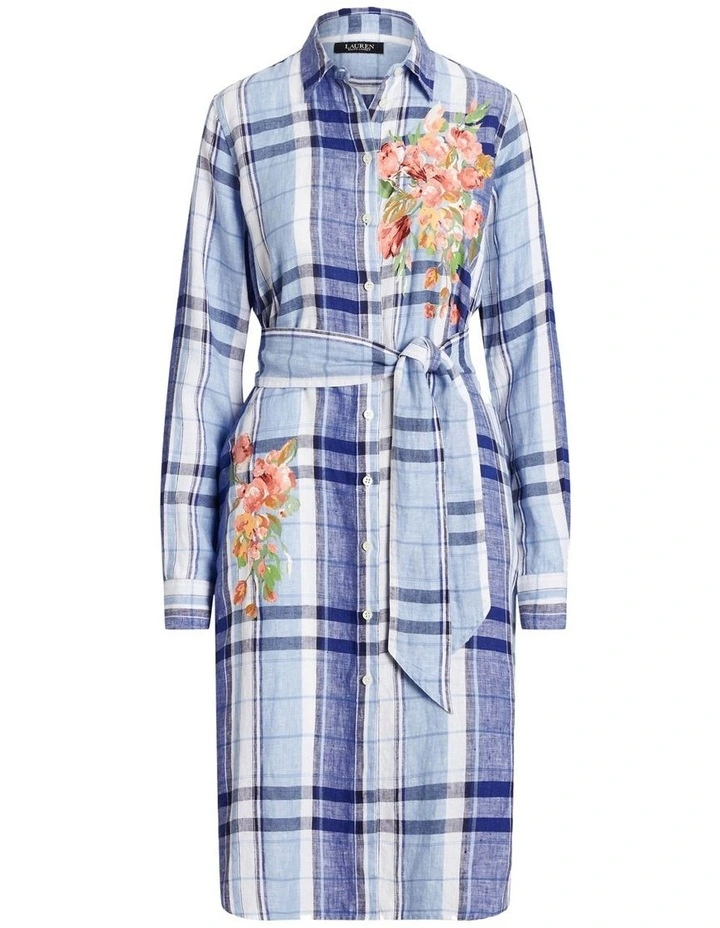 Floral & Plaid Linen Shirtdress in Blue image 4