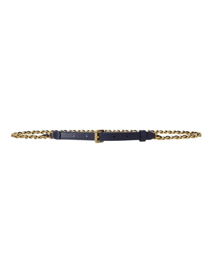Nappa Leather & Chain Skinny Belt in Navy image 1
