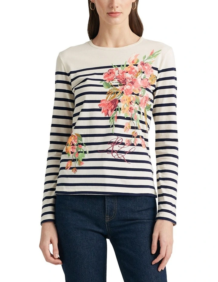 Floral & Striped Jersey Long-Sleeve Tee in Natural image 1