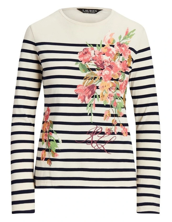 Floral & Striped Jersey Long-Sleeve Tee in Natural image 4