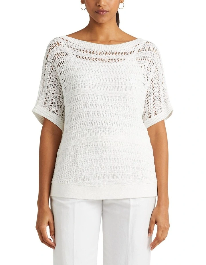 Cotton Mesh Short-Sleeve Sweater in White image 1