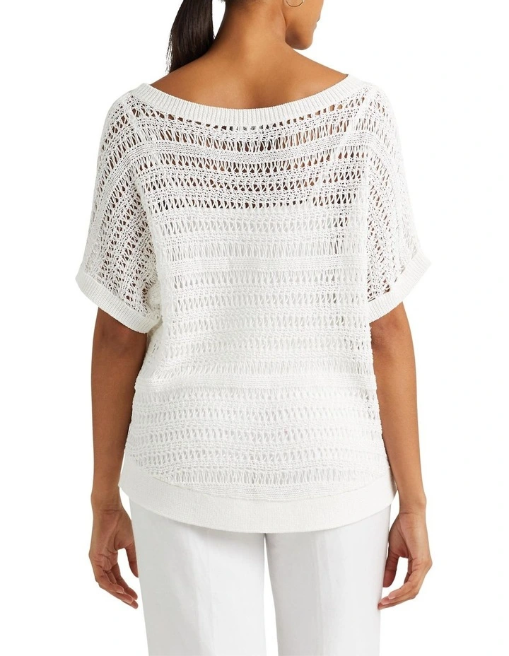 Cotton Mesh Short-Sleeve Sweater in White image 2