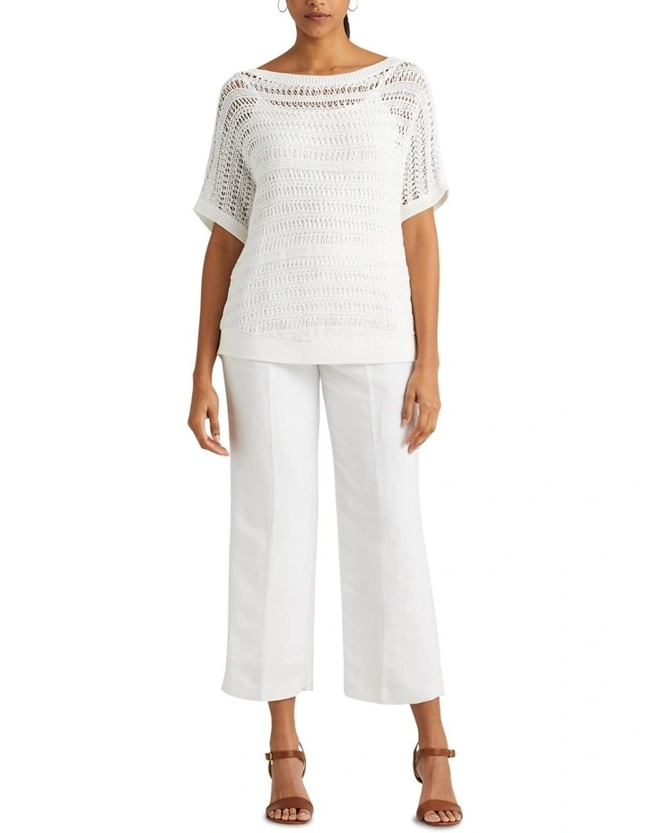 Cotton Mesh Short-Sleeve Sweater in White image 3