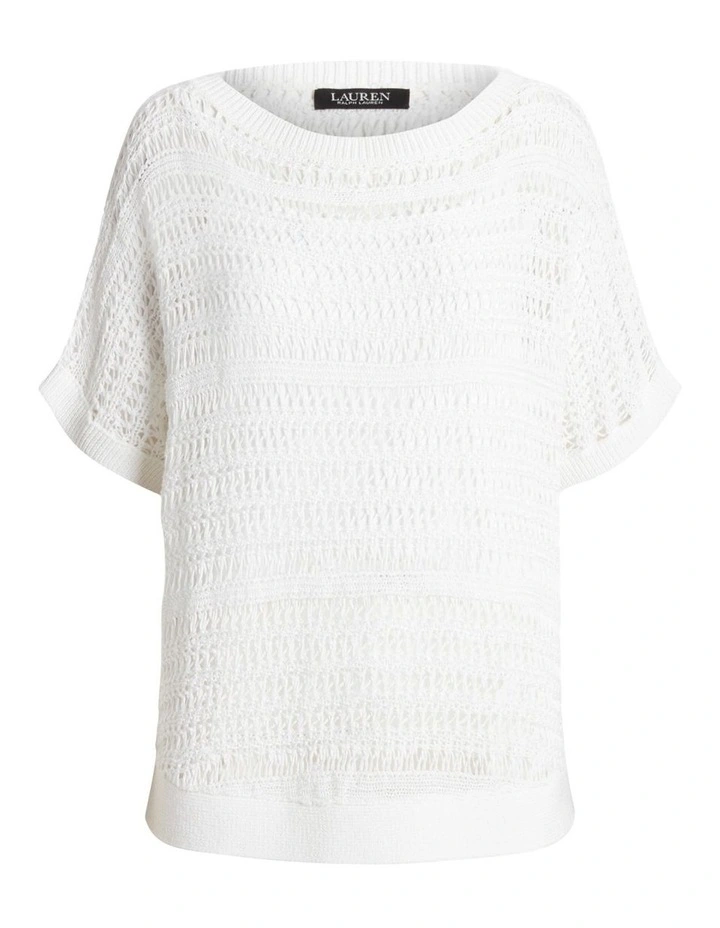 Cotton Mesh Short-Sleeve Sweater in White image 4