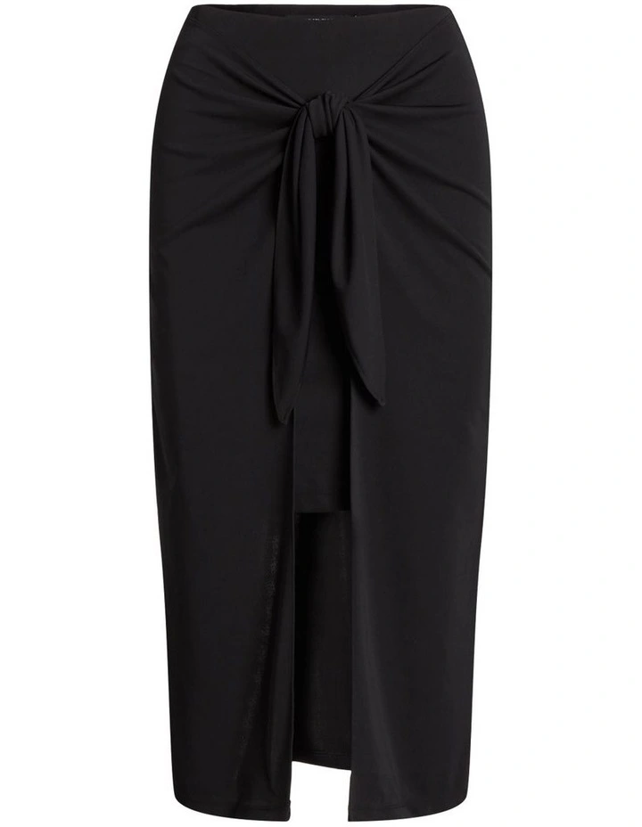 Tie-Front Stretch Jersey Midi Skirt in Black image 4