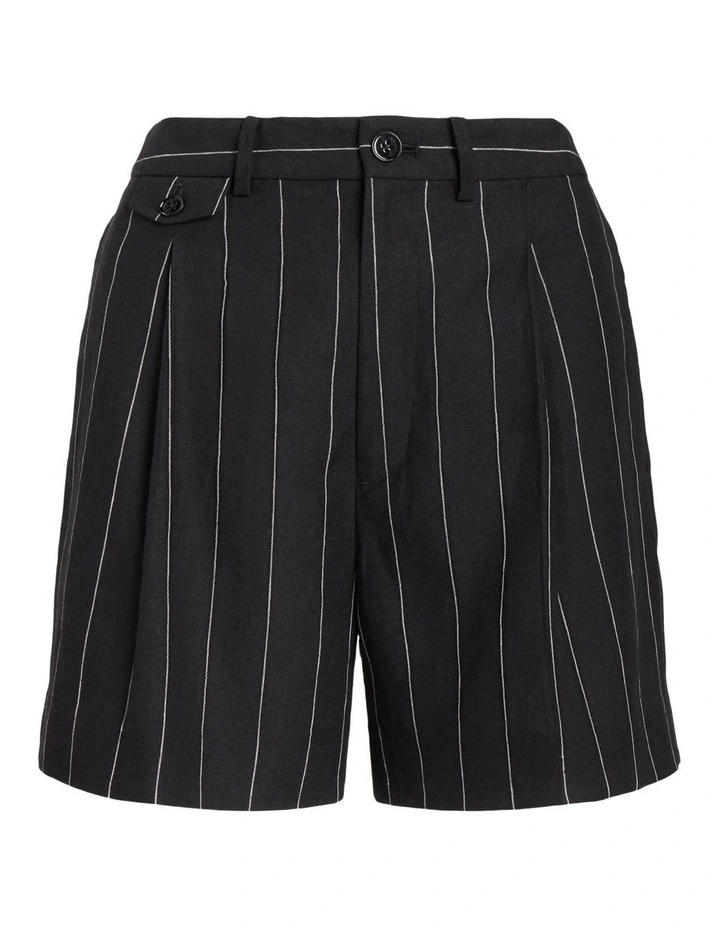 Pinstripe Pleated Linen Short in Black image 4