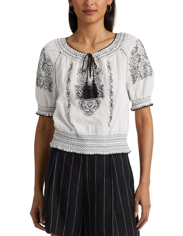 Embroidered Cotton Voile Tie-Neck Blouse in White image 1