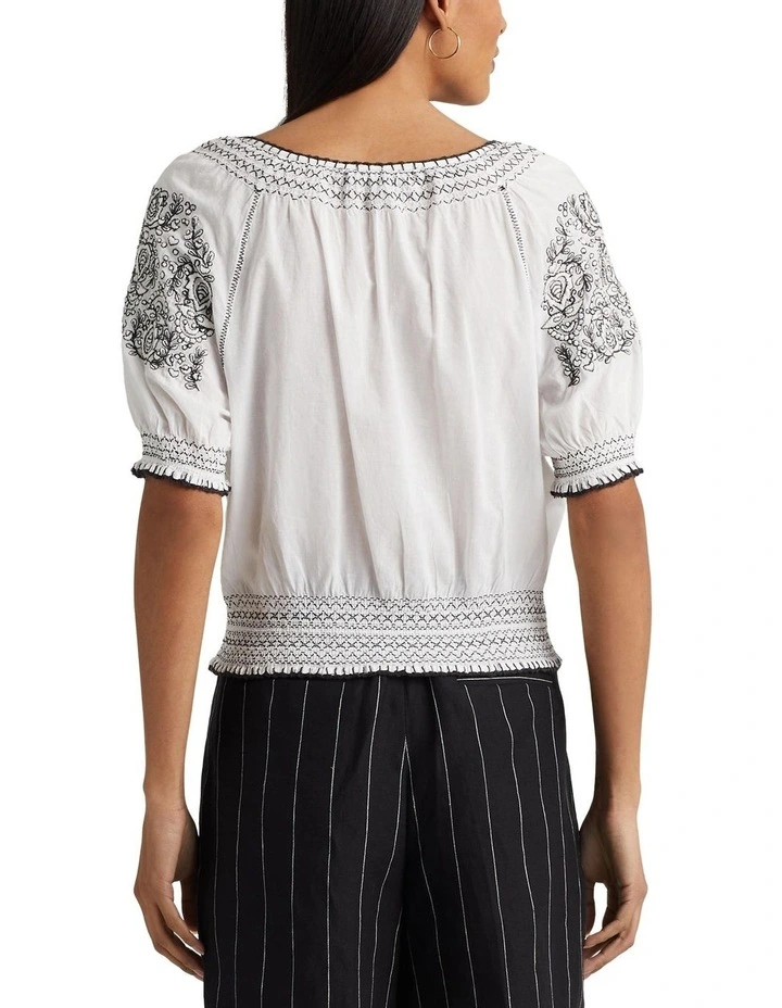 Embroidered Cotton Voile Tie-Neck Blouse in White image 2