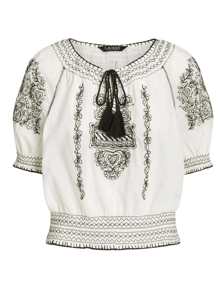Embroidered Cotton Voile Tie-Neck Blouse in White image 4