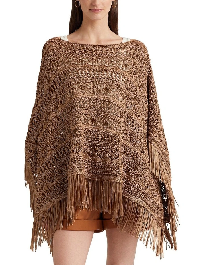Fringe-Trim Pointelle-Knit Poncho in Brown image 1