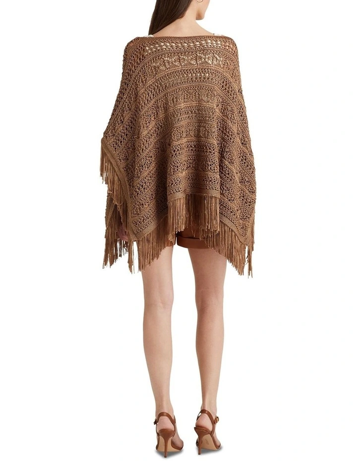Fringe-Trim Pointelle-Knit Poncho in Brown image 2