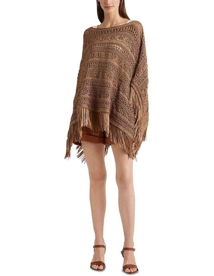 Fringe-Trim Pointelle-Knit Poncho in Brown image 3