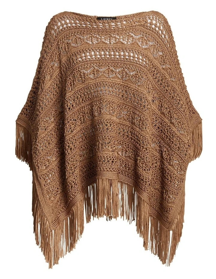Fringe-Trim Pointelle-Knit Poncho in Brown image 4